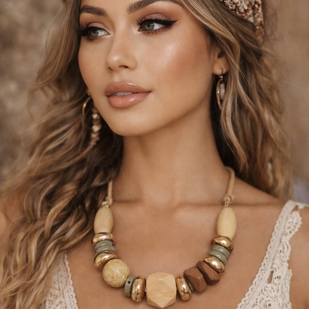 New Belk Wood and Bead Pendant Gold‎ Tone Bead Leather Necklace